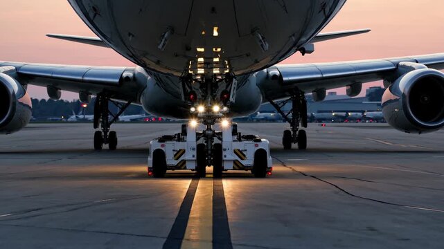 Morning aircraft preparation, Industrial airport scene with airplanes during early morning hours, Dawn breaking as aircraft move into position with ground crew assistance and bright lighting