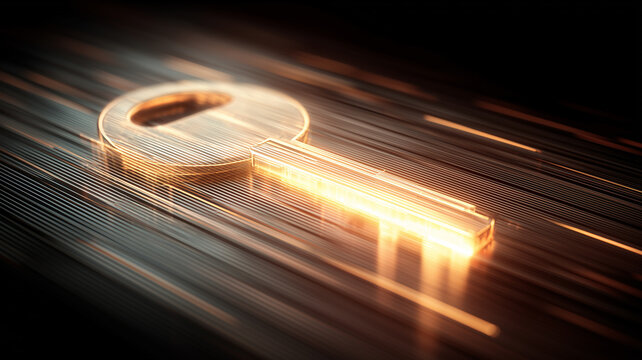 A luminous digital key resting on fast flowing data lines representing secure access encryption and high level protection.
