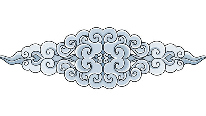 Horizontal Blue and Grey Stylized Chinese Cloud Motif on Isolated White Background
