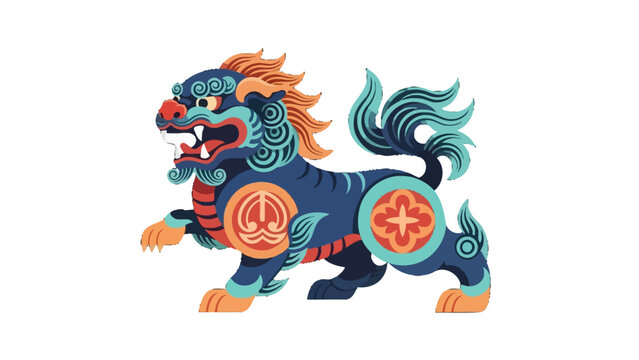 Vibrant Colorful Chinese Mythical Creature Pixiu Qilin Walking on Isolated White Background