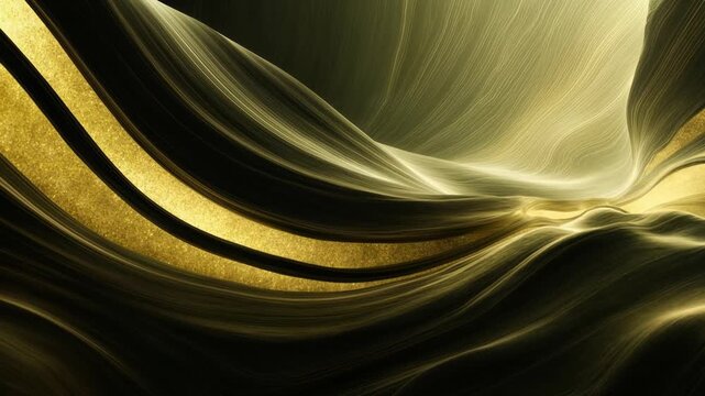 Abstract golden waves flow across dark background forming luxurious luminous pattern suitable for elegant event intros fashion branding music visuals or premium technology presentations