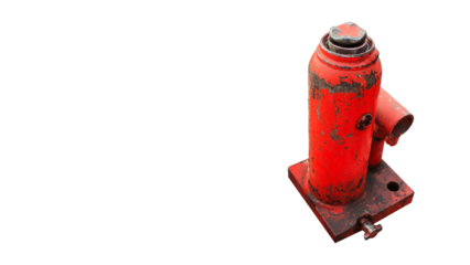 Hydraulic metal jack old rusted in orange isolated in transparent background