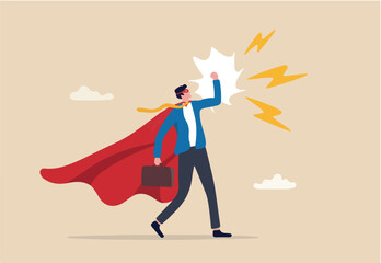 Superhero businessman with superpower to win business success, strength or power to control and finish work, confidence great responsibility, courage or strong positive attitude with fearless mindset.