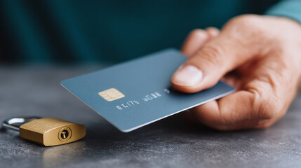 A person is holding a credit card and touching it with their finger, next to the key lock on a table