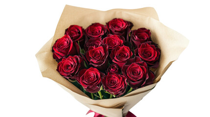 A bouquet of red roses is wrapped in brown paper