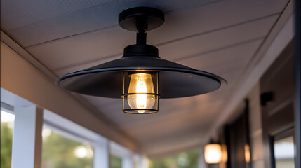 Stylish black pendant light fixture with a warm, glowing bulb, mounted on a porch ceiling, adding a touch of modern elegance to an outdoor space.