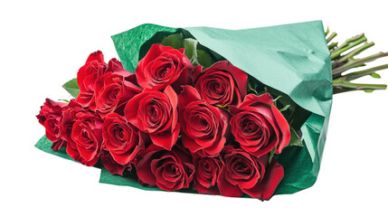 A bouquet of red roses is wrapped in green paper