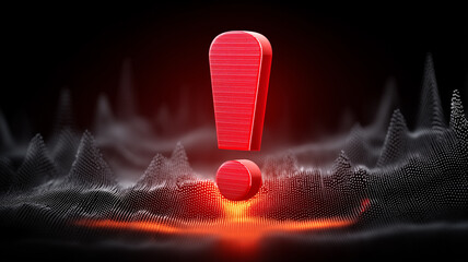 A red exclamation mark rising from a digital landscape to symbolize urgent alert signals and high level risk warnings.
