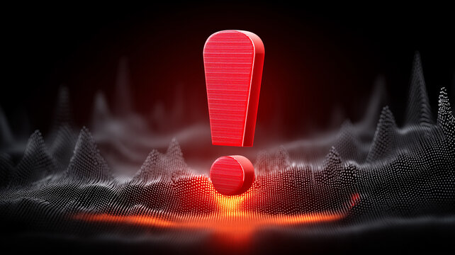 A red exclamation mark rising from a digital landscape to symbolize urgent alert signals and high level risk warnings.
