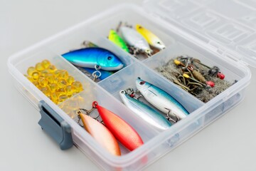 Clear plastic container with a variety of fishing lures