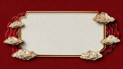 Chinese New Year background red paper art cloud border empty frame oriental design festive decoration gold trim copy space luxury texture holiday greeting