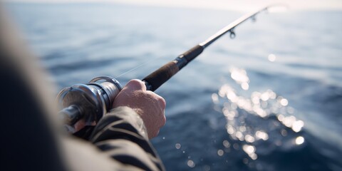 Man is holding a fishing rod with a fish on it