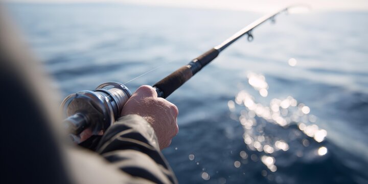 Man is holding a fishing rod with a fish on it