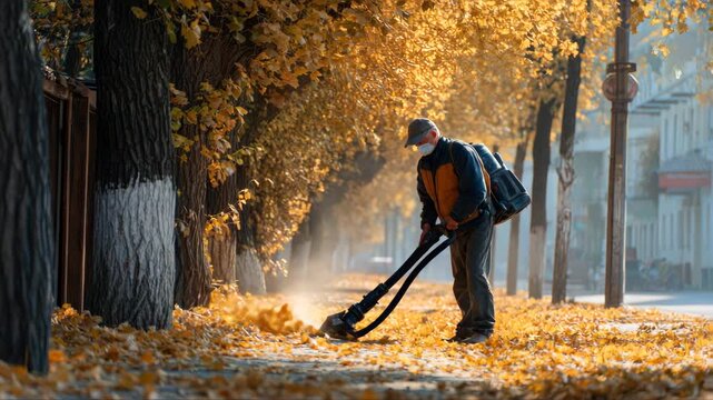 Elderly man using a leaf blower to clear autumn leaves from a sidewalk, surrounded by vibrant golden foliage, showcasing the beauty of seasonal maintenance in action