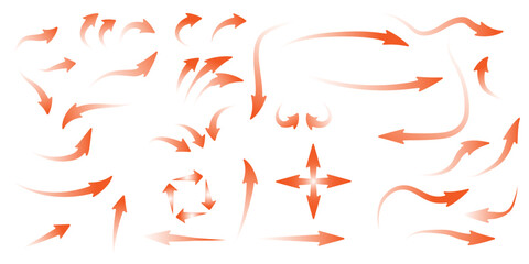 Orange gradient curved arrow collection showing direction flow navigation symbols vector