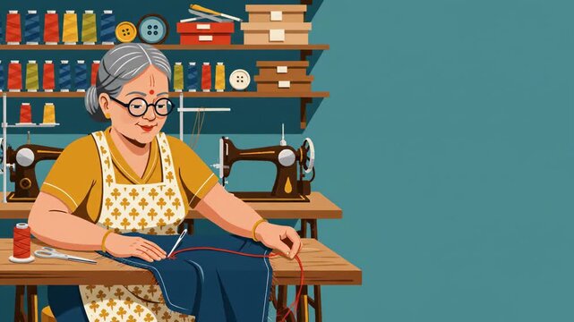 Woman tailor sewing fabric using needle and thread by hand. Illustration of sewing craft and handmade clothing production for textile business.