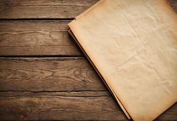 Blank vintage paper with crumpled texture lies on a rustic wooden table. This aged background provides ample copy space for text or design.