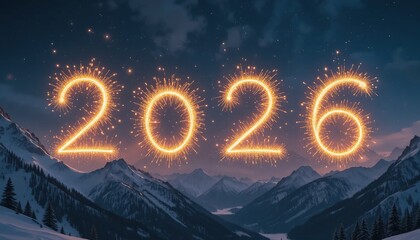 Bright fireworks form the number 2026, illuminating a serene snowy mountain landscape at night. A festive and hopeful New Year celebration, looking towards the future.