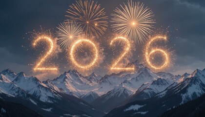 Fireworks light up the night sky, forming the year 2026 above snow-capped mountains. A festive and celebratory scene for the new year.