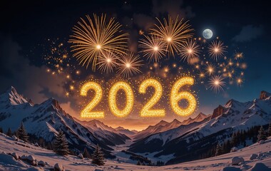 Golden '2026' and vibrant fireworks illuminate a snowy mountain landscape at night. Majestic winter scene with a full moon, celebrating New Year's Eve and the future.