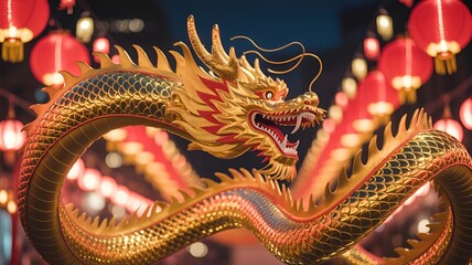 Golden dragon sculpture surrounded by festive lanterns in a vibrant urban setting.