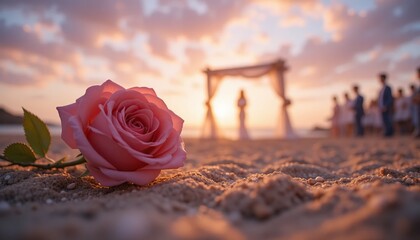 Pink rose rests on sandy beach foreground. Romantic beach wedding ceremony unfolds in blurred background at golden hour sunset, featuring bride, groom, and guests under an arch.