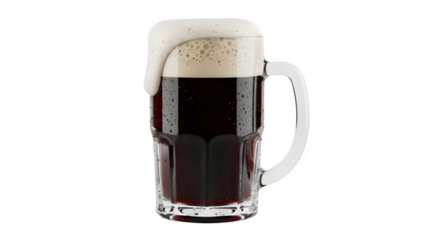 Dark beer in a glass mug with thick white foam head isolated on transparent background