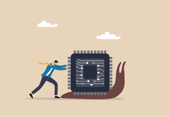 Semiconductor and computer chip shortage slow down world economic, supply chain problem impact electronics and car manufacturing, businessman trying so hard to push semiconductor chip on slow snail © Premium Shop