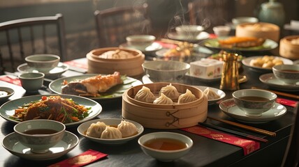 A delicious asian cuisine banquet table.