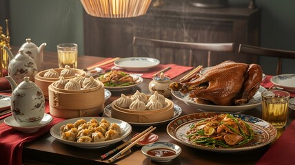 A meticulously arranged assortment of appetizing dishes on a dining table, creating an appealing culinary scene.