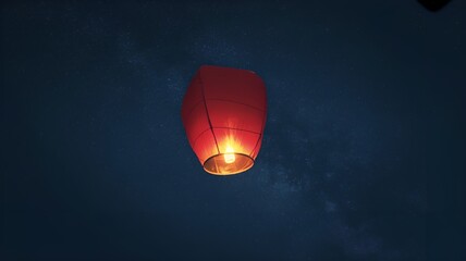 A vibrant red lantern gracefully ascends into the night sky, illuminated by a warm glow.