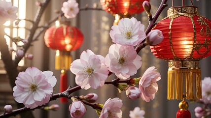 Beautiful cherry blossoms and lanterns, celebrating a festive holiday season.
