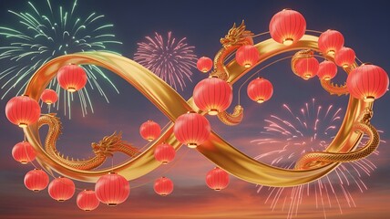 Celebratory lanterns and fireworks creating a festive ambiance.