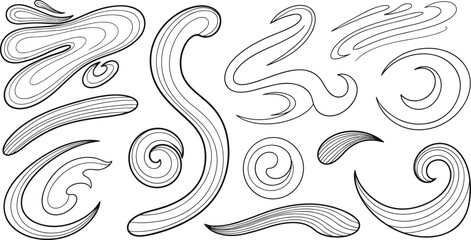 Abstract swirling line art shapes in black for dynamic design, fluid motion graphics, pattern creation, and visual decoration.