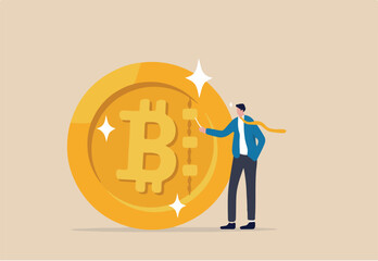 What is Bitcoin and blockchain technology, knowledge or crypto currency technology, blockchain class and education concept, businessman expert explain blockchain technology on golden Bitcoin coin.
