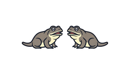 Two cartoon-style gray and cream frogs with dark outlines face each other on a white background