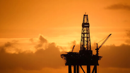 Silhouette of an industrial oil rig against an orange sky at sunset, with clouds creating a striking contrast. This scene captures the essence of energy production.