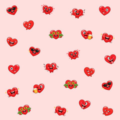 seamless vector pattern with cute cartoon heart emojis showing different emotions and expressions, funny smiling hearts with sunglasses, money, beer, love and joy, perfect for valentine&rsquo;s day designs
