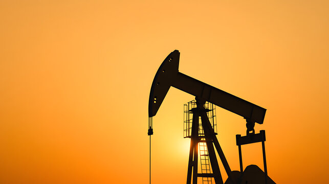 Silhouette of a pumpjack against a vibrant orange sunset. The machinery extracts crude oil, symbolizing energy production at dusk. A powerful image of industry. - Powered by Adobe