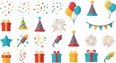Colorful party icons including balloons, confetti, hats, gifts, fireworks, and streamers for celebration design and festive decoration.