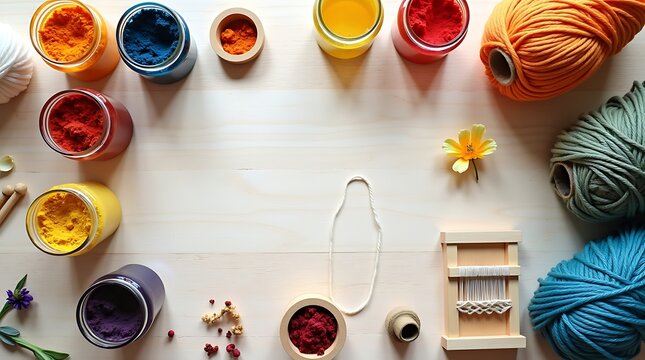 Organized Creativity: An 8K detailed flat lay featuring indigo, turmeric, and cochineal dyes with a small wooden loom.