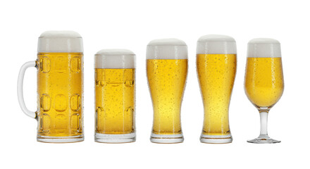 Four hyperrealistic, frosted glass beer vessels filled with pale golden pilsner, featuring thick foam and effervescence, displayed on a high-key reflective white surface, concept for premium beverage