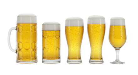 Four hyperrealistic, frosted glass beer vessels filled with pale golden pilsner, featuring thick foam and effervescence, displayed on a high-key reflective white surface, concept for premium beverage