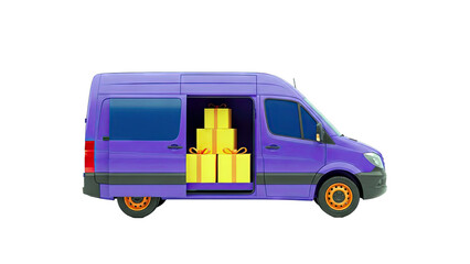 Purple Van Loaded with Yellow Gift Boxes
