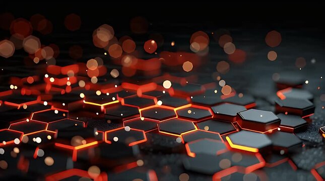 Futuristic Dark Hexagonal Grid with Glowing Red Energy and Bokeh