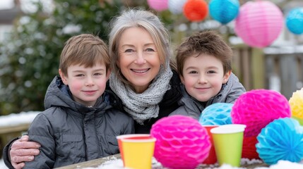 Grandmother celebrating birthday with grandchildren at outdoor party table