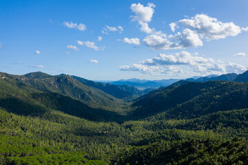 Obraz premium Expansive view of a lush forested valley surrounded by rugged mountain ridges in Sardinia, Italy. Sunlight and scattered clouds cast dynamic shadows across the landscape under a vivid blue sky.