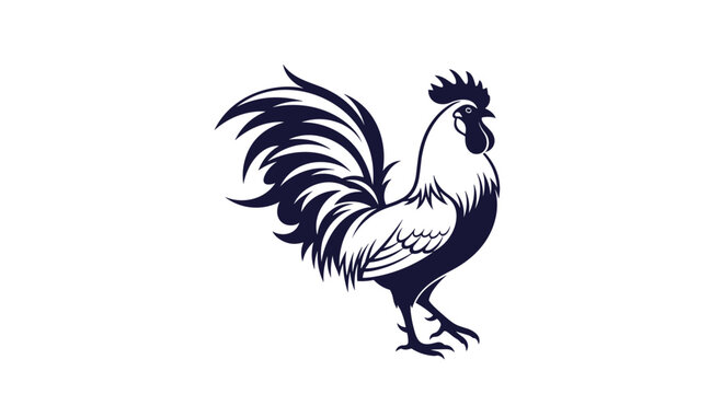Stylized black and white silhouette of a proud rooster bird standing against a plain white background for farm design.