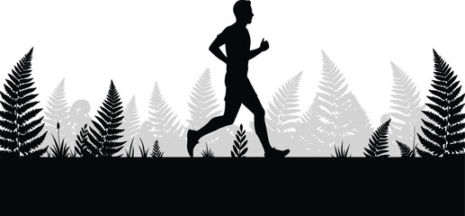 Running silhouette, outdoor fitness, fern background, nature exercise, grassy terrain, mid-stride motion, grayscale layers, active lifestyle, forest jog, health concept © Khairun