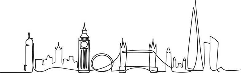 One continuous line drawing of London city skyline. Beautiful city skyscraper. World landscape tourism travel vacation home wall decor poster print concept. one line Icon drawing
